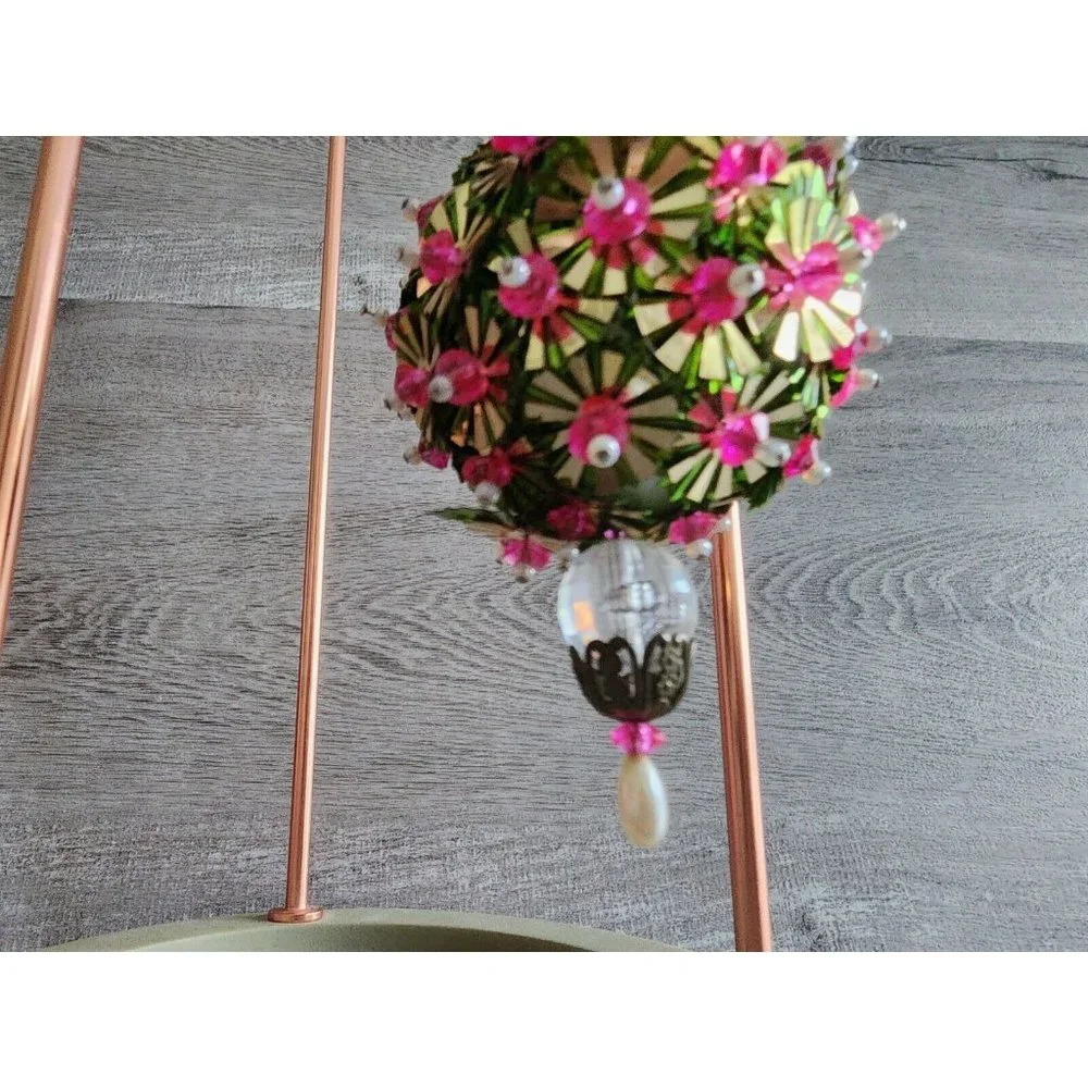 Vintage Christmas Ornament 1960s Velvet Beaded Push Pin Embellish Green Pink - Picture 5 of 10